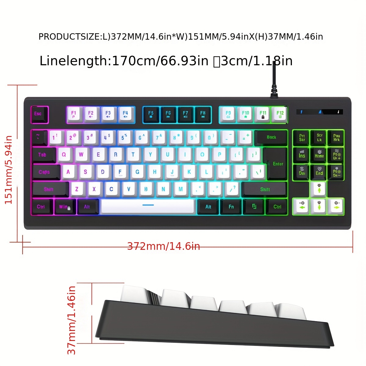 New 87 Keys Wired Game Keyboard Rgb Light Dual Color - Temu