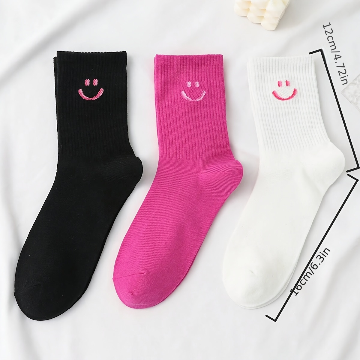 

3pcs Women's Face Mid-calf Socks In Black, Pink, & White - Soft Knit Polyester/spandex , Machine Washable, , Cute Socks