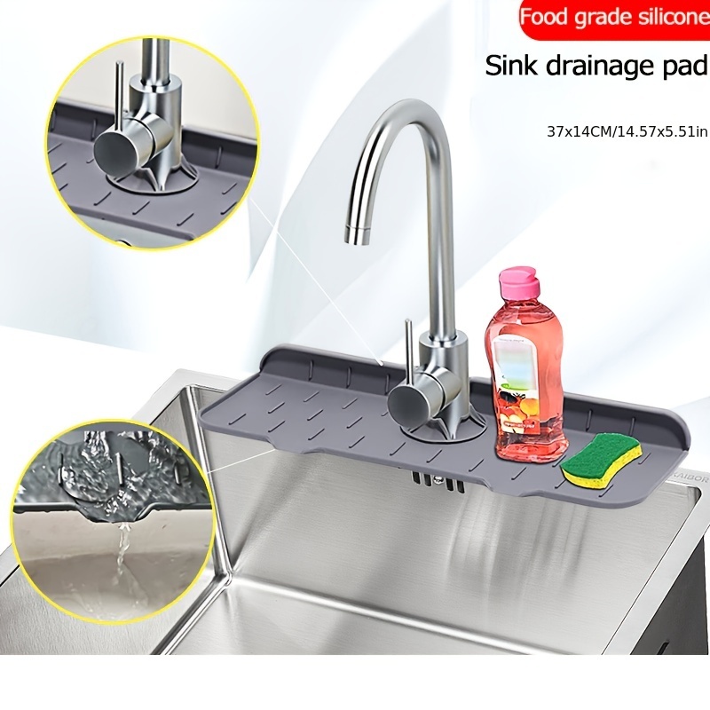 Sink Drain Mat Reusable Silicone Faucet Draining Pad with Sponge