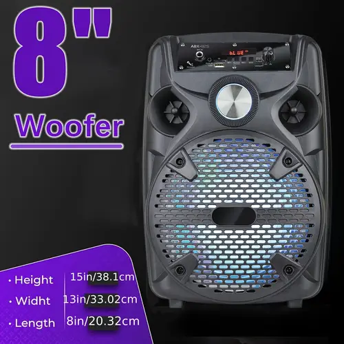 8 inch portable wireless speaker system with wireless 1800mah battery heavy bass dual channel sound led light show tf fm aux wired microphone stand indoor outdoor parties karaoke nights portable led light speaker buttons