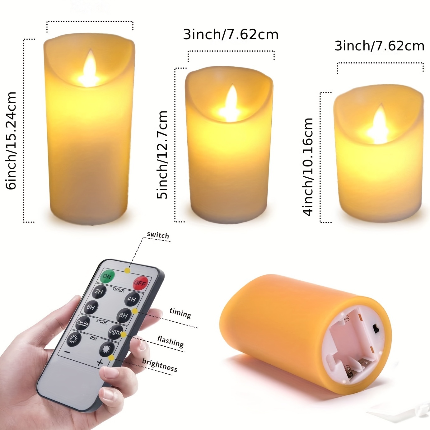 Juego de 3 velas LED de llama móvil 3D con purpurina plateada con control  remoto, juego de 3 velas sin llama con efecto de llama real, funciona con