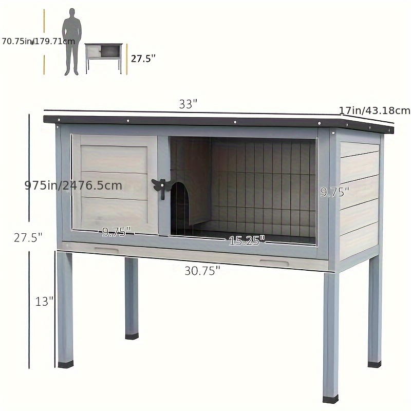 1pc wooden elevated rabbit hutch with hinged asphalt roof and removable tray indoor outdoor pet cage for bunnies