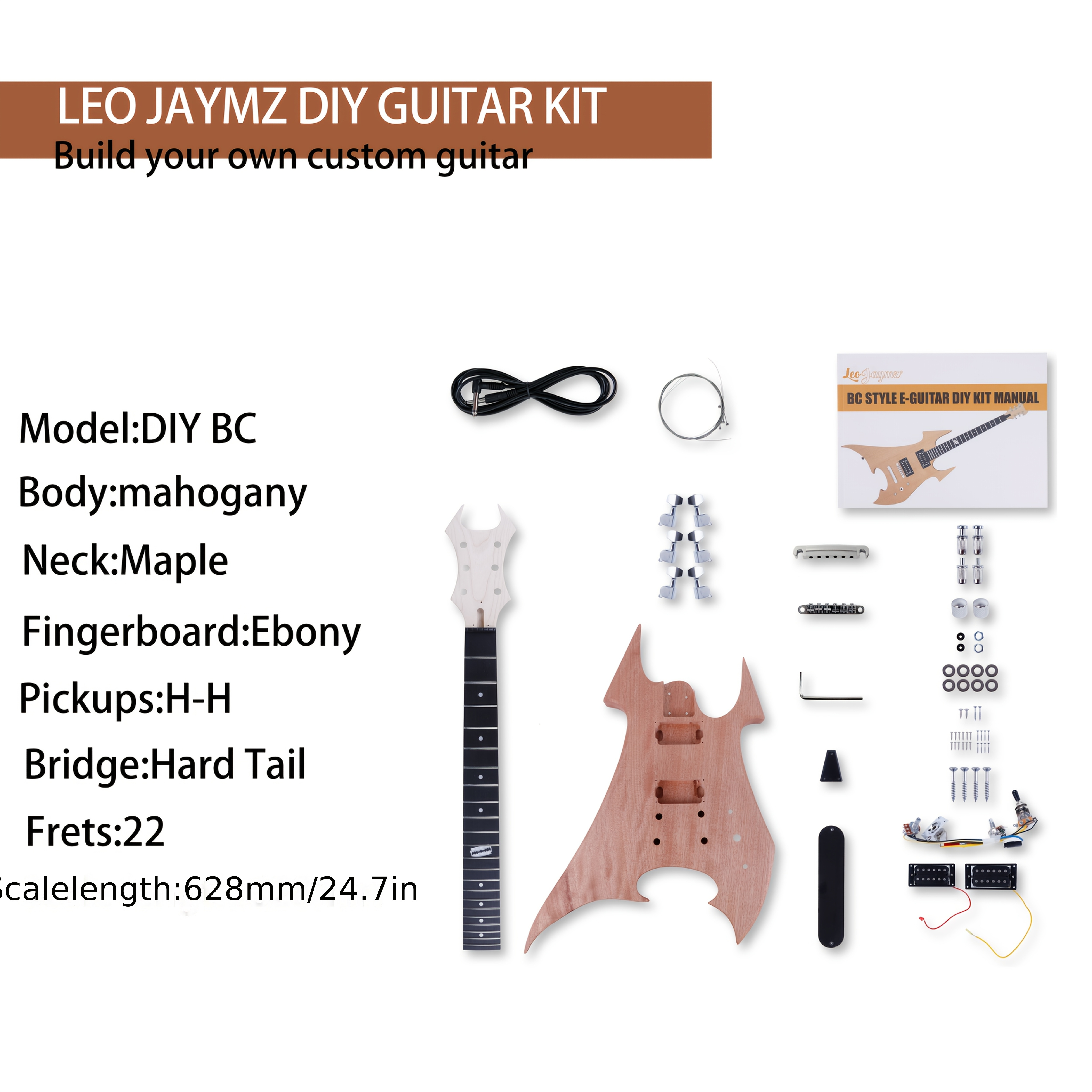 Leo Jaymz DIY Electric Guitar Kit - Mahogany Body, Ebony Fretboard, 1pc S-H Pickup Configuration - Fixed Bridge, Fully Enclosed Tuning Pegs, 21 Frets, Maple Neck, Room Electrical Wiring