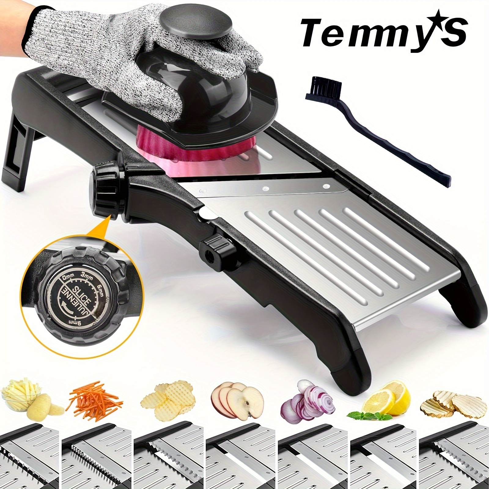 E-shop TEMMYS Verstellbarer Mandolinenschneider mit Julienne- und Waffelpfannenplatten - Edelstahl-Gemüseschneider für Kartoffeln, Gurken, Tomaten,