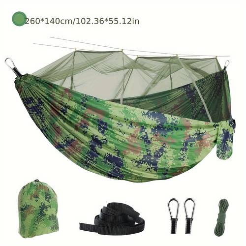 the outdoor hammock with a mosquito net and of ultra light 210t nylon fabric for easy portability suitable for hiking camping and other outdoor activities it two 3 meter straps two 6 meter mosquito net ropes