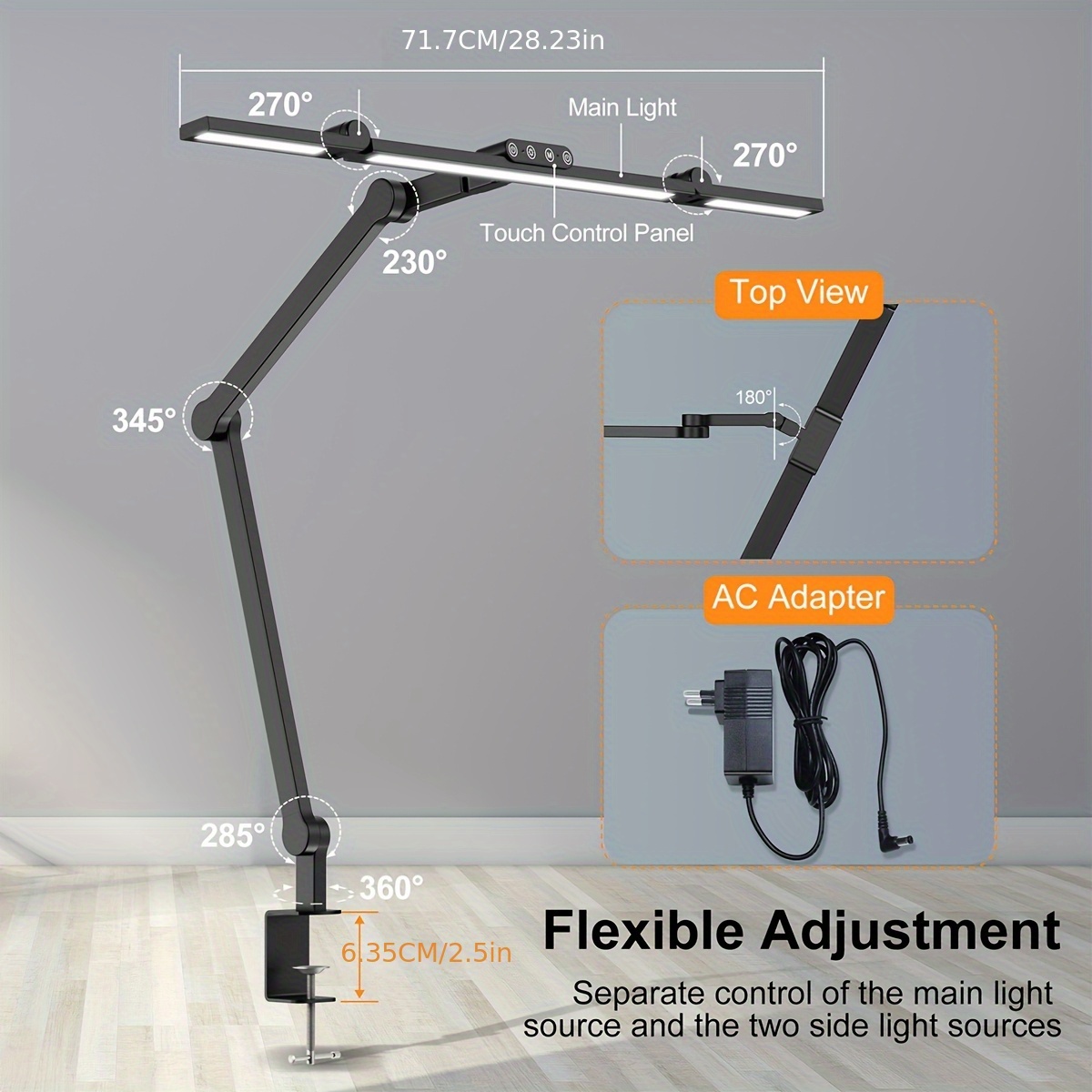 3 Head Desk Lamp | Clampable, 24w Led, 5 Colors, 10 Brightness Levels, Gesture Sensor Switch, Memory Function, For Home Office, Metal End, Mexllex Brand