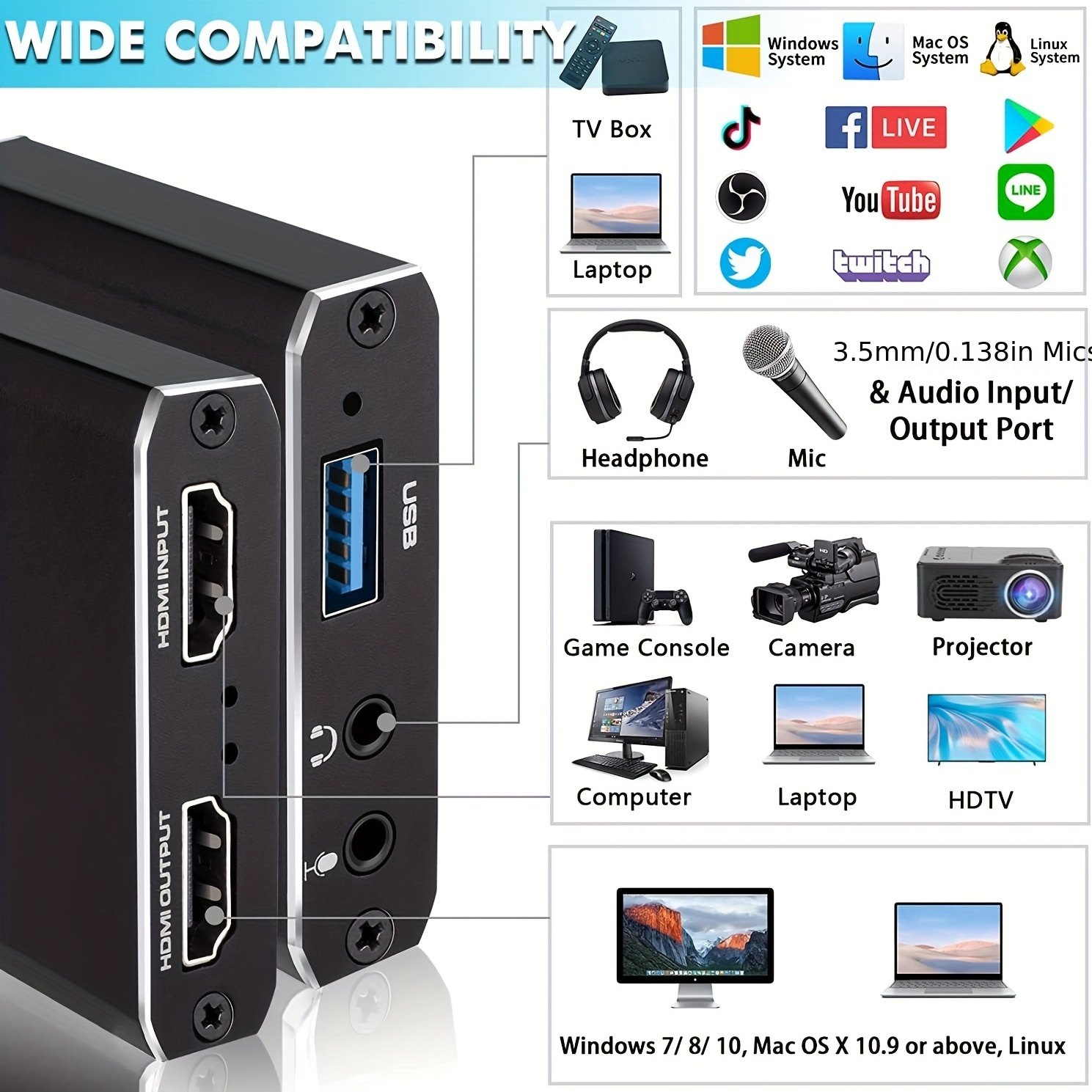Capture Card, 4K Video Capture Card USB 3.0 1080P 60fps HDMI Audio Video  Capture Device Portable Video Converter