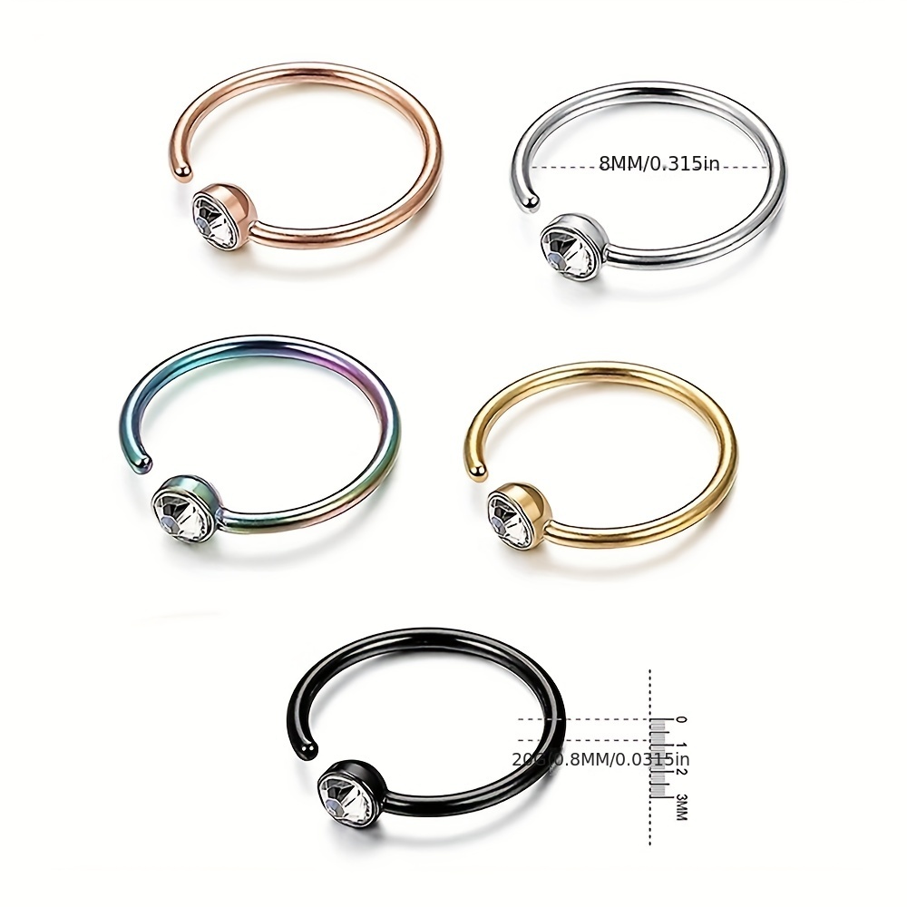 5pcs Hoop Nose Ring Set, Zircon Style Stainless Steel Jewelry