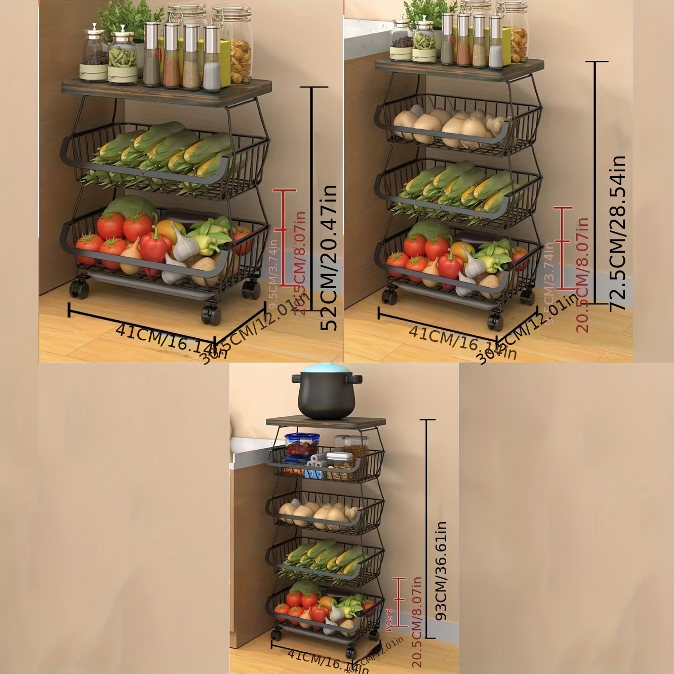 2 Tier 85cm Black Metal Kitchen Storage Racks Basket Organizer