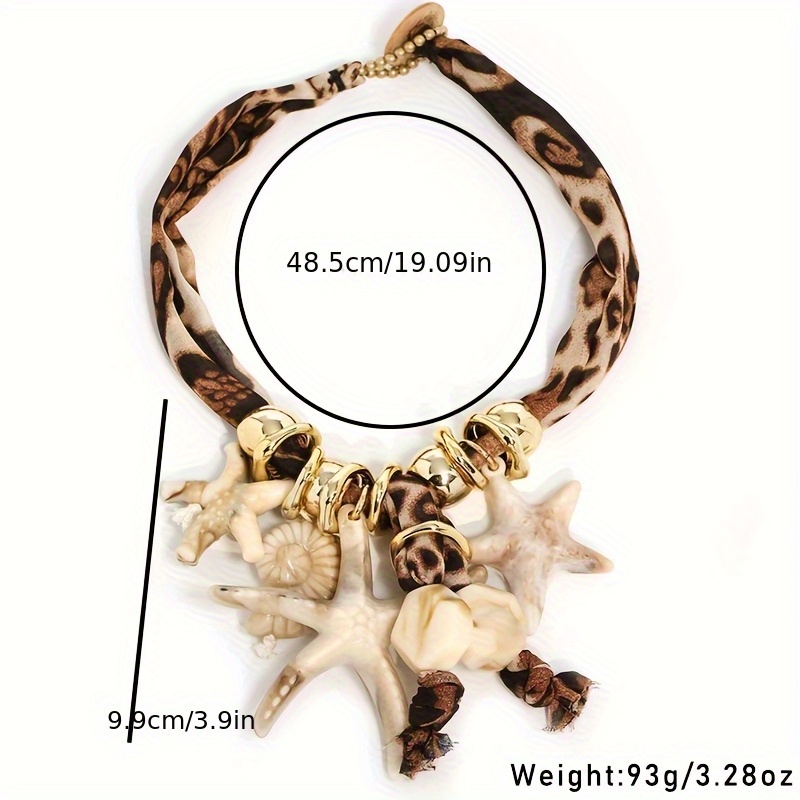 Beach Vacation Leopard Print Ribbon Shell & Starfish Choker Necklace