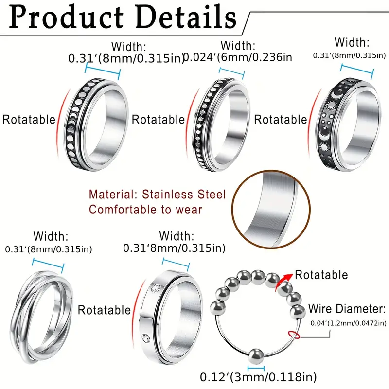 6pcs stainless steel spinner fidget rings anti anxiety design for casual attire gifting Product details 4