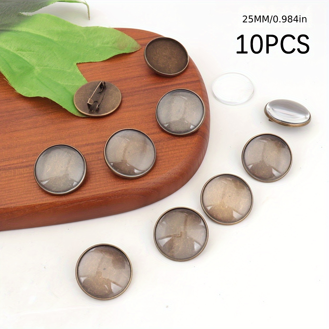 TEMU 10pcs Set: 10 Brooch Trays + 10 Transparent Cabochon Glass Vintage Minimalist Elegant Round Time Synthetic Gemstone Brooch Bases, Fashion