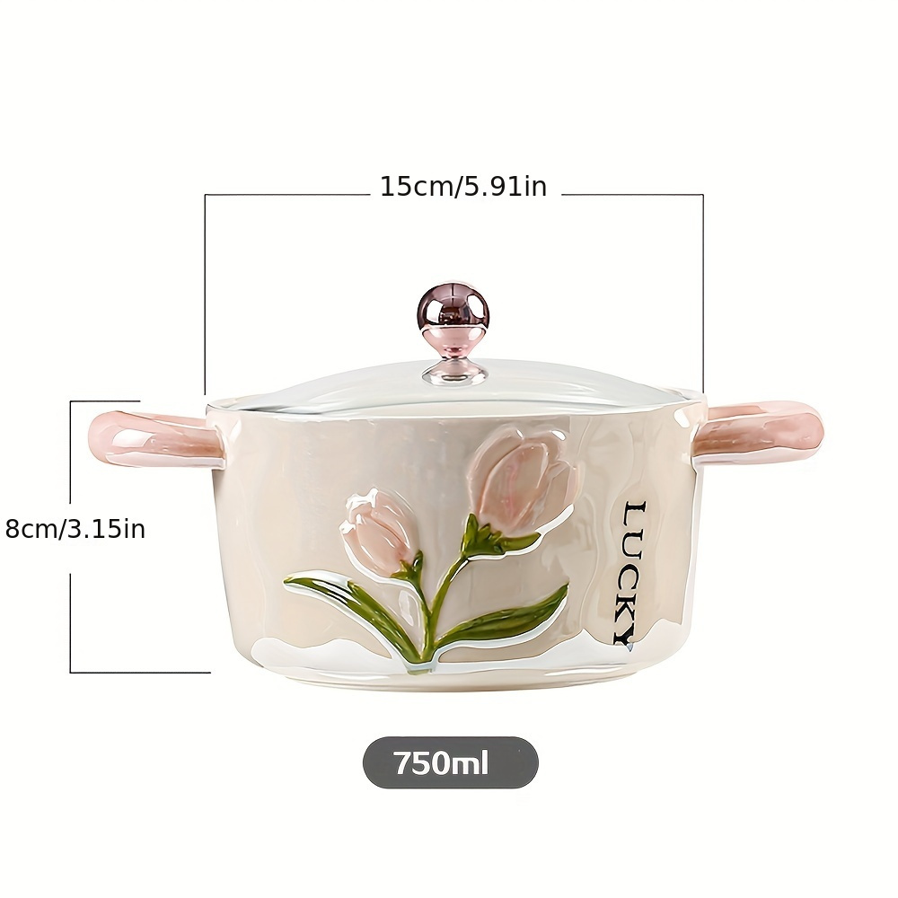 1Pc Ceramic Bowl With Lid Pearl Glazed Tulip Double Ear   Creative And Cute Soup Bowl Rice Bowl Instant Noodle Bowl Fruit Bowl Used For   And Restaurant   Kitchen Supplies Tableware Accessories Product Details 1