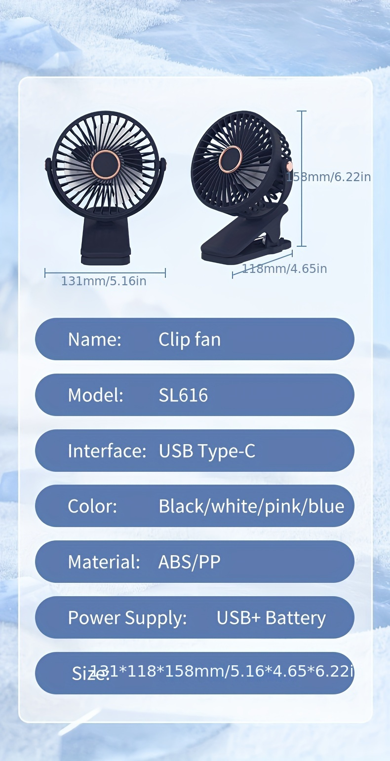 портативный вентилятор с зажимом с поворотом на 360 градусов, высокой скоростью воздушного потока и литиевой аккумуляторной батареей на 800 мАч для зарядки через USB для дормитория спальни циркуляции, детали 19.