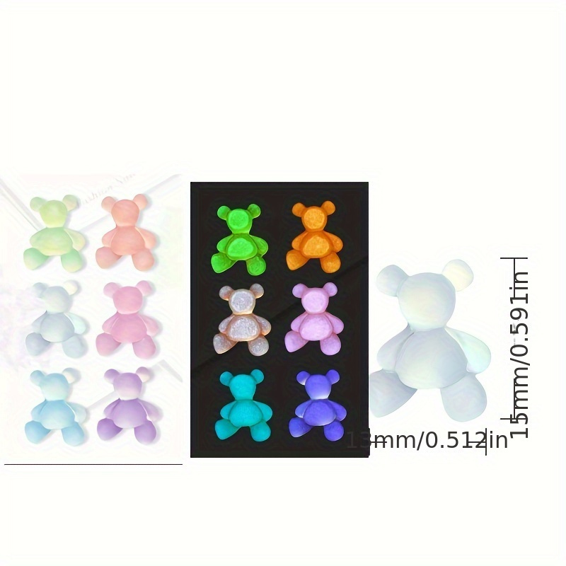 12pcs Set Of Iridescent Aurora 3d Stereoscopic Bear Nail Charms, Night-glowing Resin Cartoon Nail Flats, -clear Plated Ab Multicolor Mocha Resin Stickers