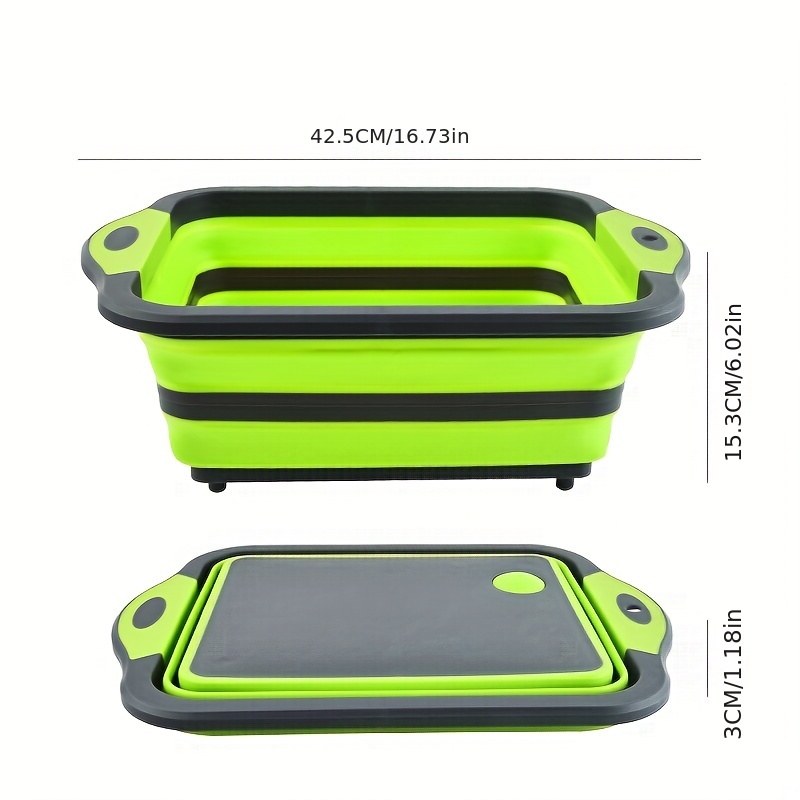 Collapsible Cutting Board, Foldable Chopping Board with Colander,  Multifunctional Kitchen Vegetable Washing Basket Silicone Dish Tub for BBQ