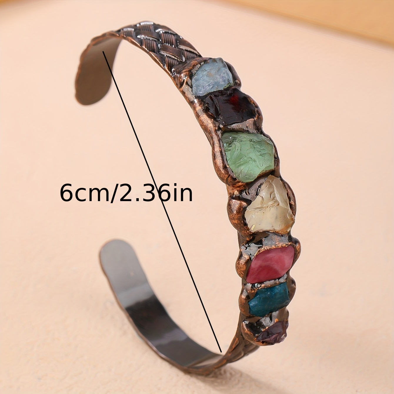 boho vintage copper cuff bracelet with 7 natural gemstones handcrafted burnt welded design multi colored   mosaic summer   jewelry for women mardi gras day accessory details 1