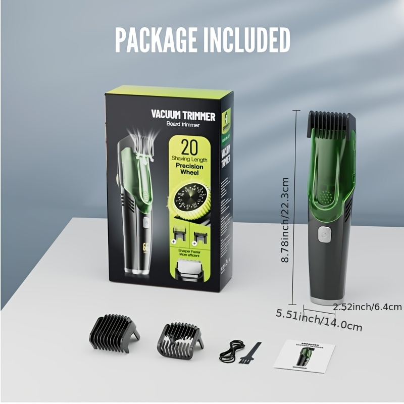 usb rechargeable mens vacuum beard trimmer with led display green black adjustable length comb 1 20mm 800mah lithium battery cleaning reminder travel lock ideal christmas gift details 4