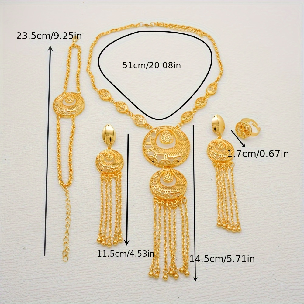 luxury urban fashion 24k golden plated jewelry set zinc alloy tassel long necklace earrings bracelet and ring no mosaic   wedding parties details 2