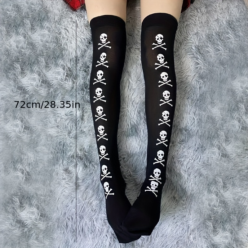 

Skull Print Thigh High Socks, Halloween Cosplay Over The Knee Socks, Women's Stockings & Hosiery For Music Festival