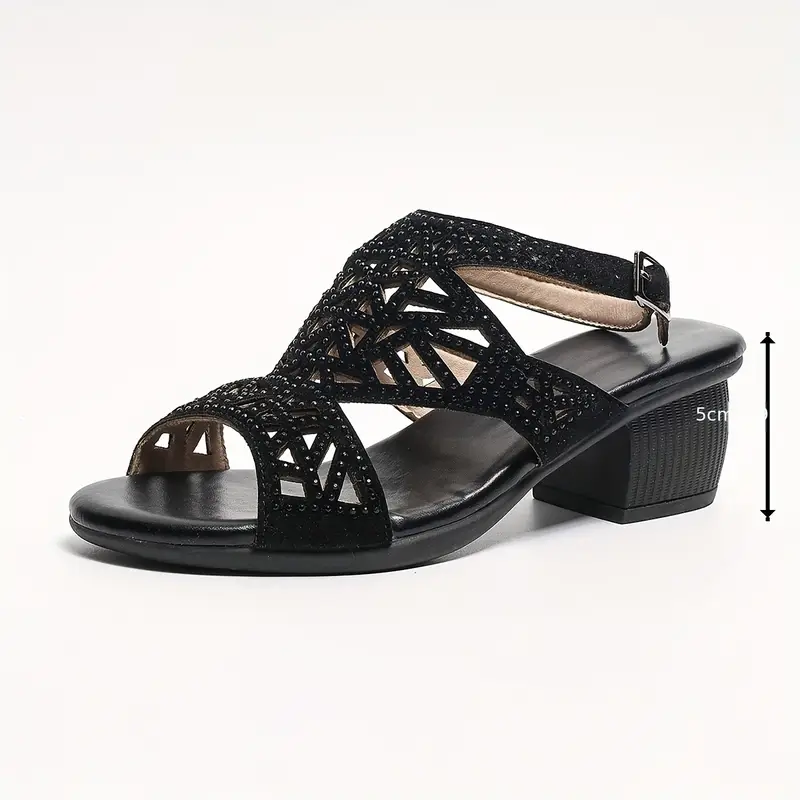 womens solid color elegant sandals decor hollow ankle strap shoes summer chunky heel shoes details 5
