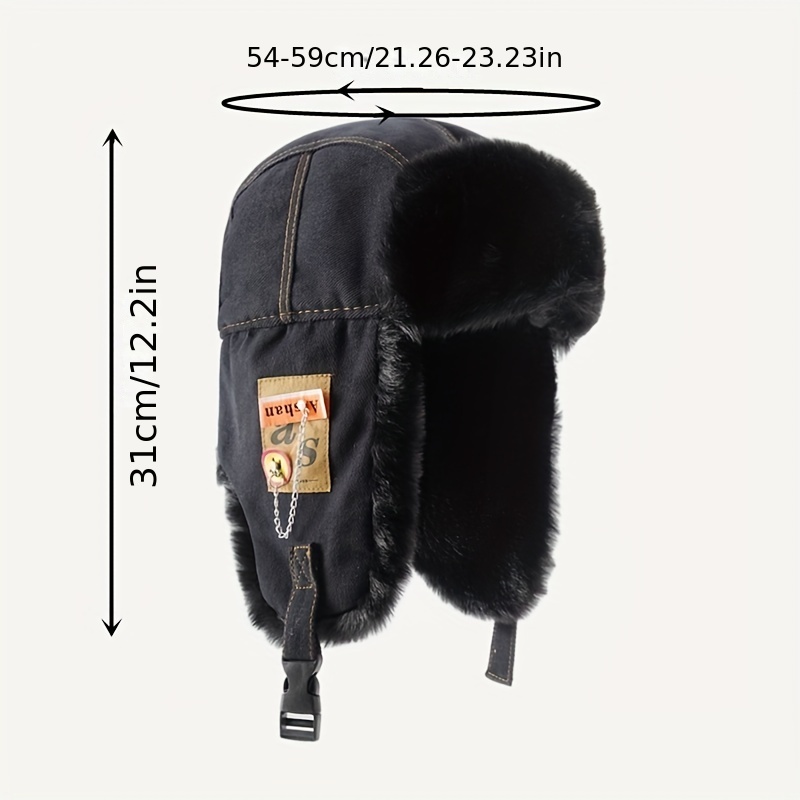 1pc Plush Plus Cotton Thickened Earmuffs Windproof Flying Cap With Chain And Cloth Label For Men Women