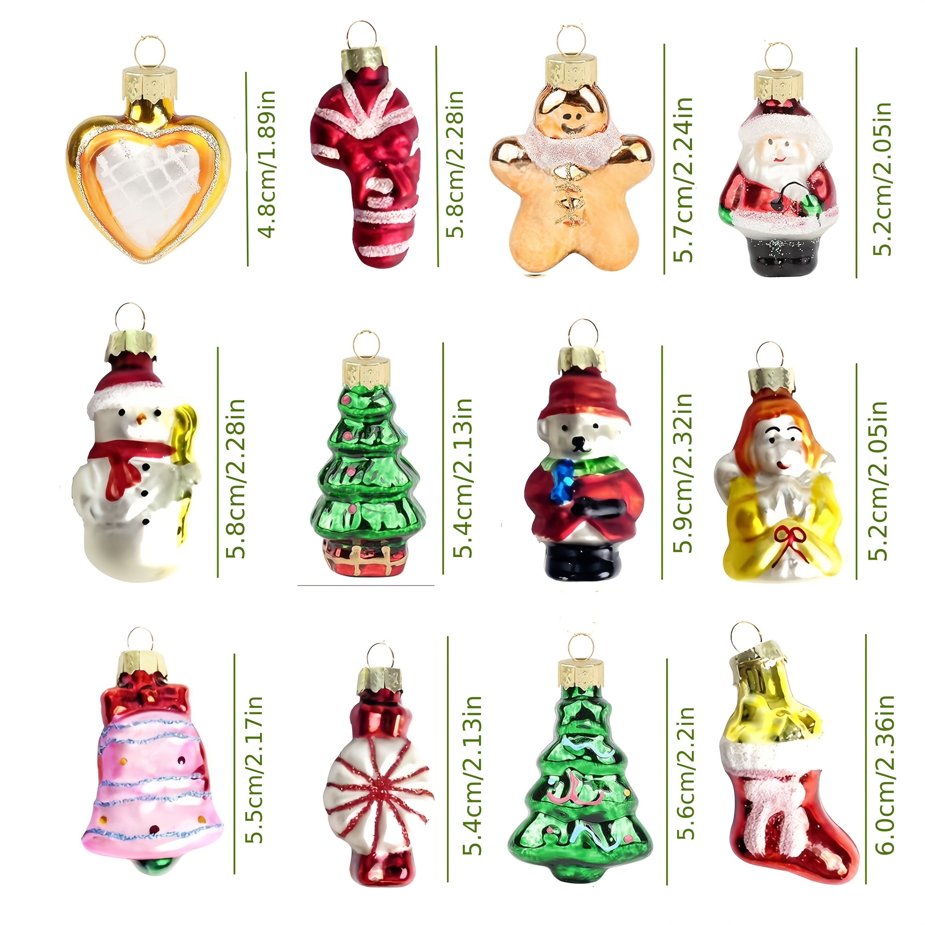 TEMU Ensemble de 12 mini figurines mignonnes de sapin de Noël en verre soufflé, mini ornements de sapin de Noël, cadeaux de Noël, décorations de fête