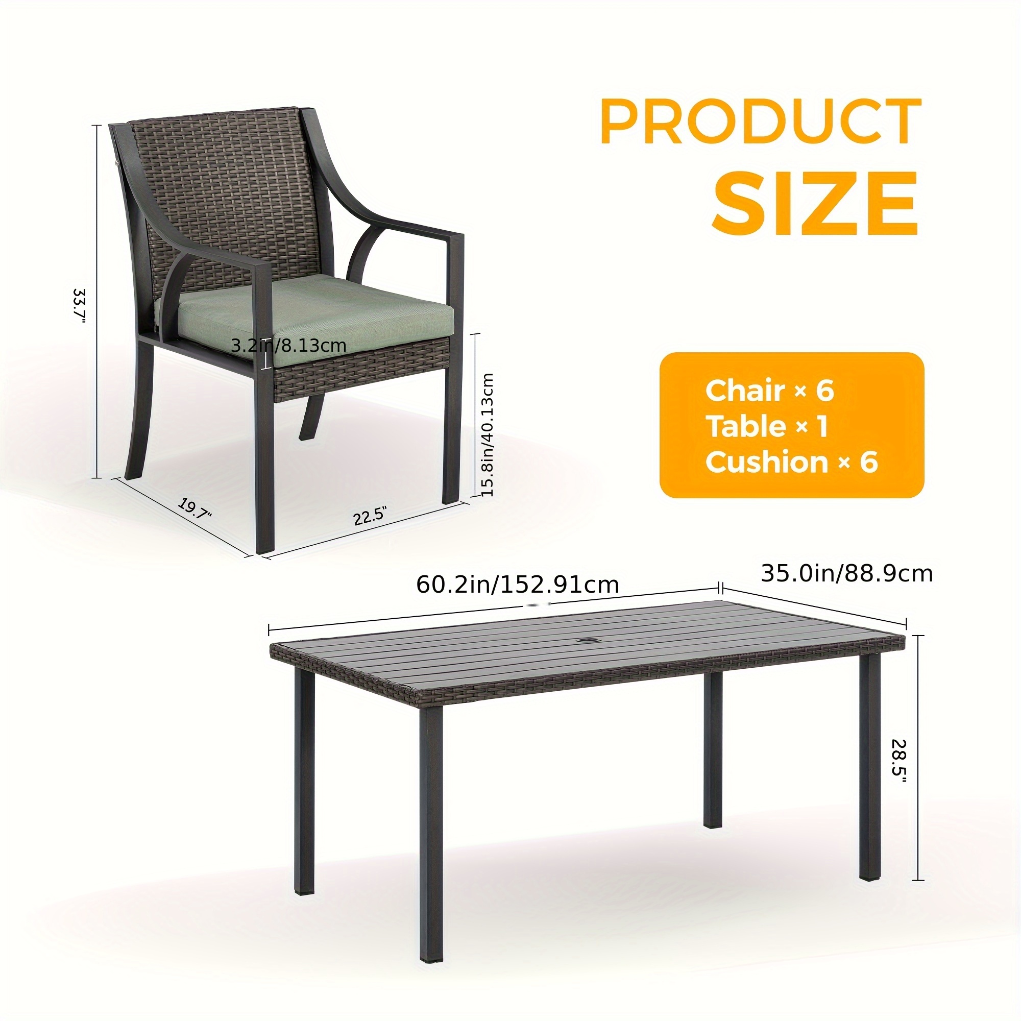 Patio 7pcs Patio Dining Set, All Weather PE Rattan Dining Table Set, Outdoor Dining Sets for 6, Metal Dining Table with Umbrella Hole & 6 Cushioned Chairs for Patio, Yard, Porch