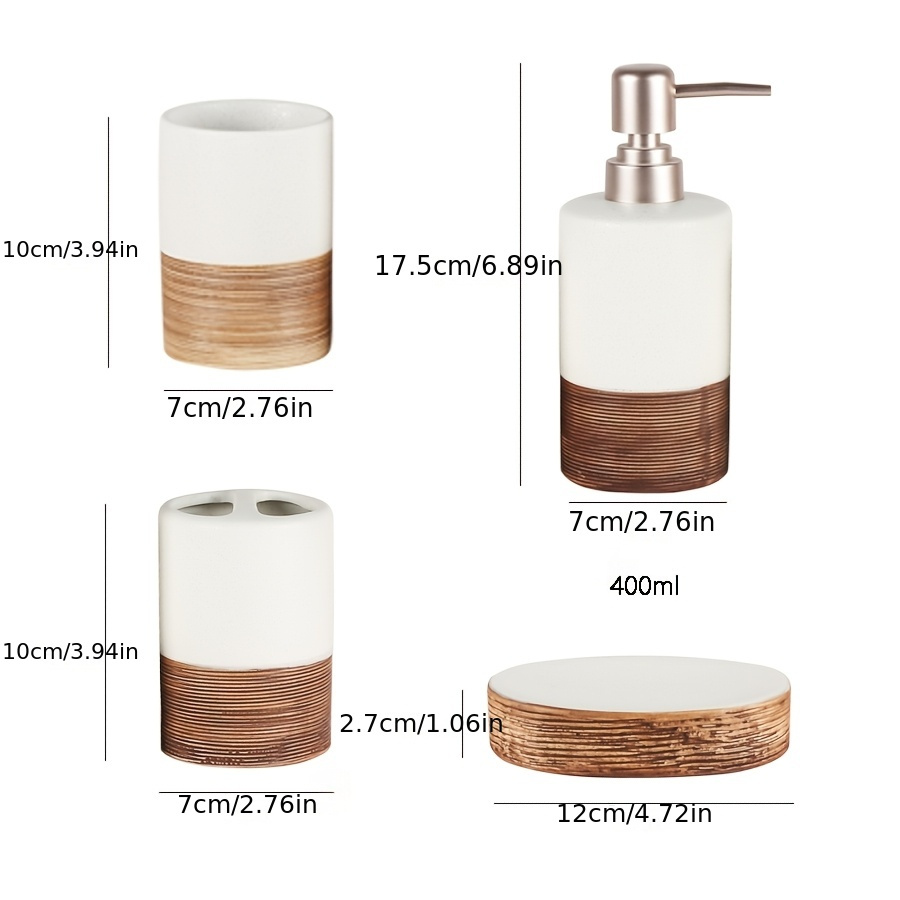 Image of A Set Of 4 Ceramic Bathroom Additions, Including A Lotion Dispenser, Soap Dish, Mouthwash Cup, And Toothbrush Holder For Home And Hotel Decoration