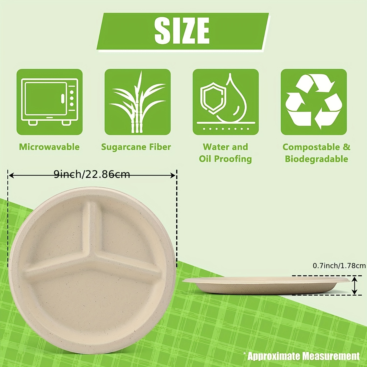 100% Compostable 9 Inch 3 Compartment Heavy-duty 10 Inch Plates