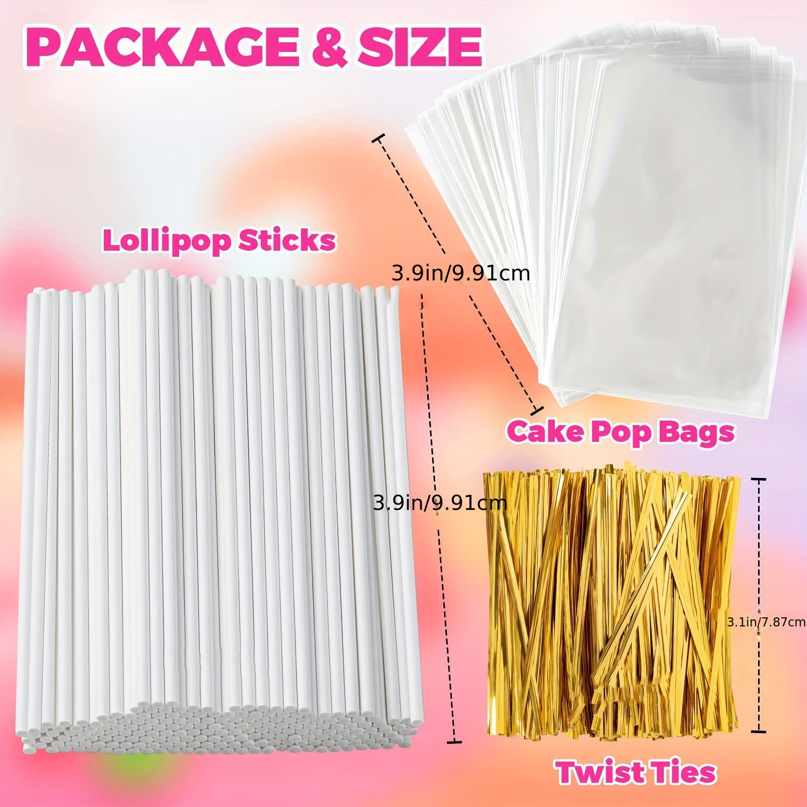 300 PCS Cake Pop Sticks and Wrappers Kit, Each of 100 Pieces White Paper  Lollipop Sticks Cake Pop Bags Colorful Metallic Twist Ties for Halloween