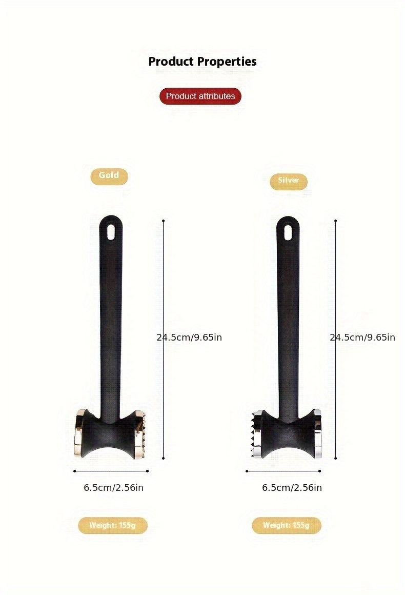 a zinc coated golden meat tenderizer with a nylon handle featuring dual sides for pounding meat ideal for tenderizing steaks and loosening meat fibers details 3