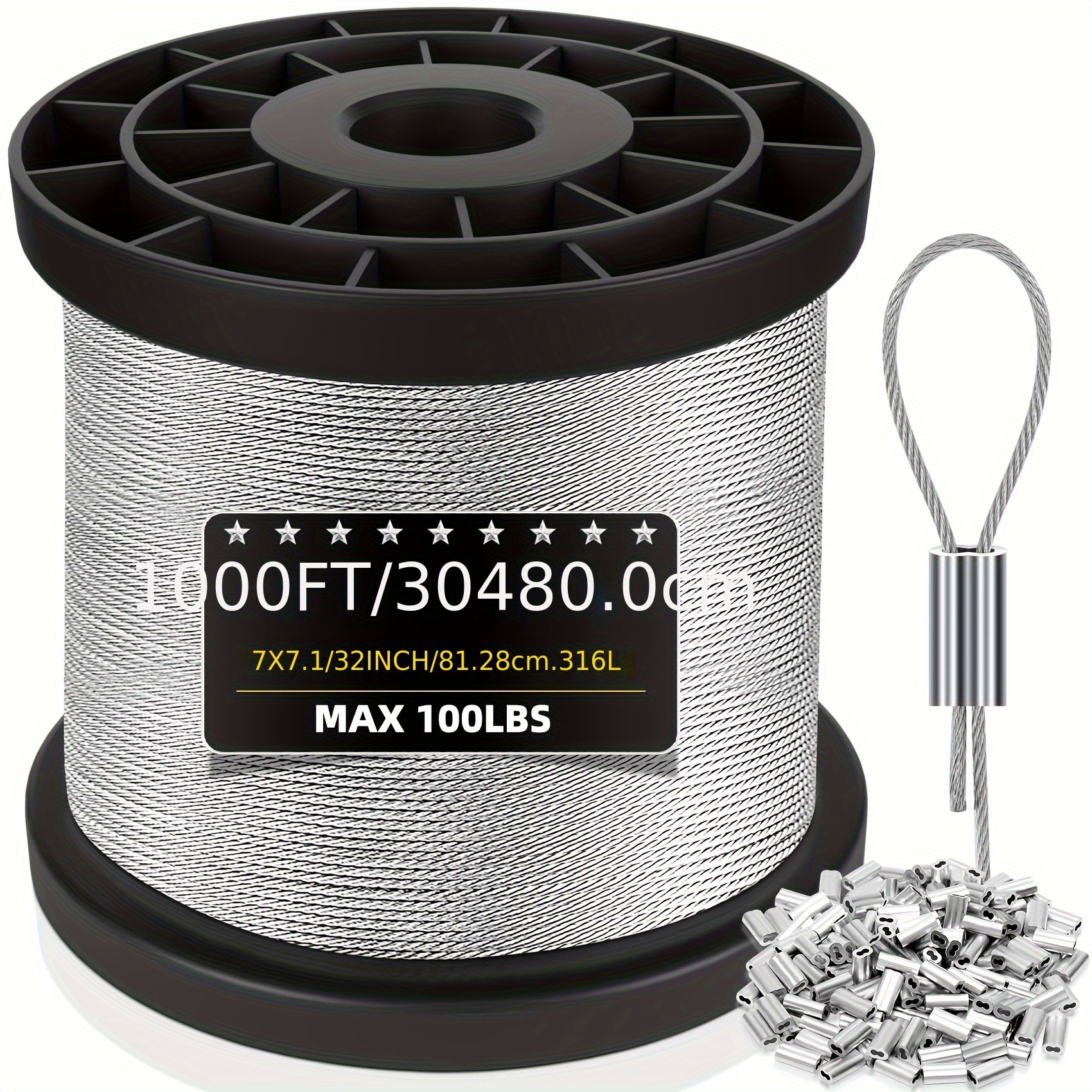 TEMU WERHOO Câble en acier inoxydable 316, 400FT 1/32IN Fil de fer avec 100 pièces de manchons d'arrêt, pour guirlandes lumineuses suspendues, cordes