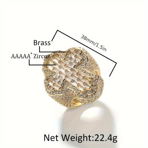 1pc mens hip hop curved trapezoidal cross golden electroplated sparkling accents edgy religious symbol jewelry for parties holidays special occasions hip hop jewelry party accessories stylish cross rings goldplated jewelry holiday accessories plating fashionforward men