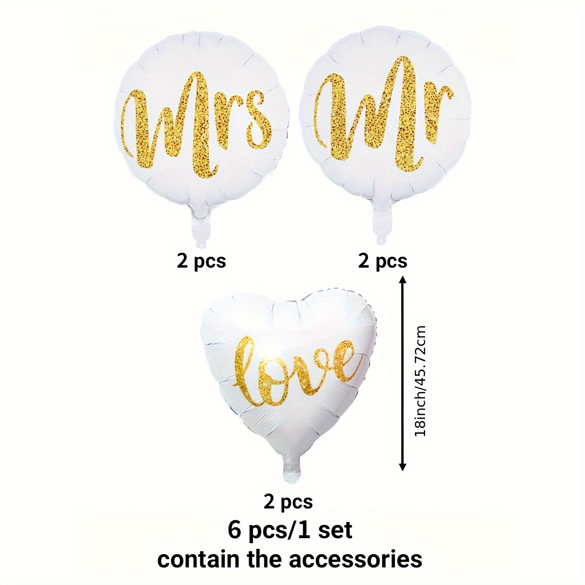 Image of 6pcs 18-inch Round White Mr Mrs Love Aluminum Foil Balloons, Birthday Party Decoration Balloons
