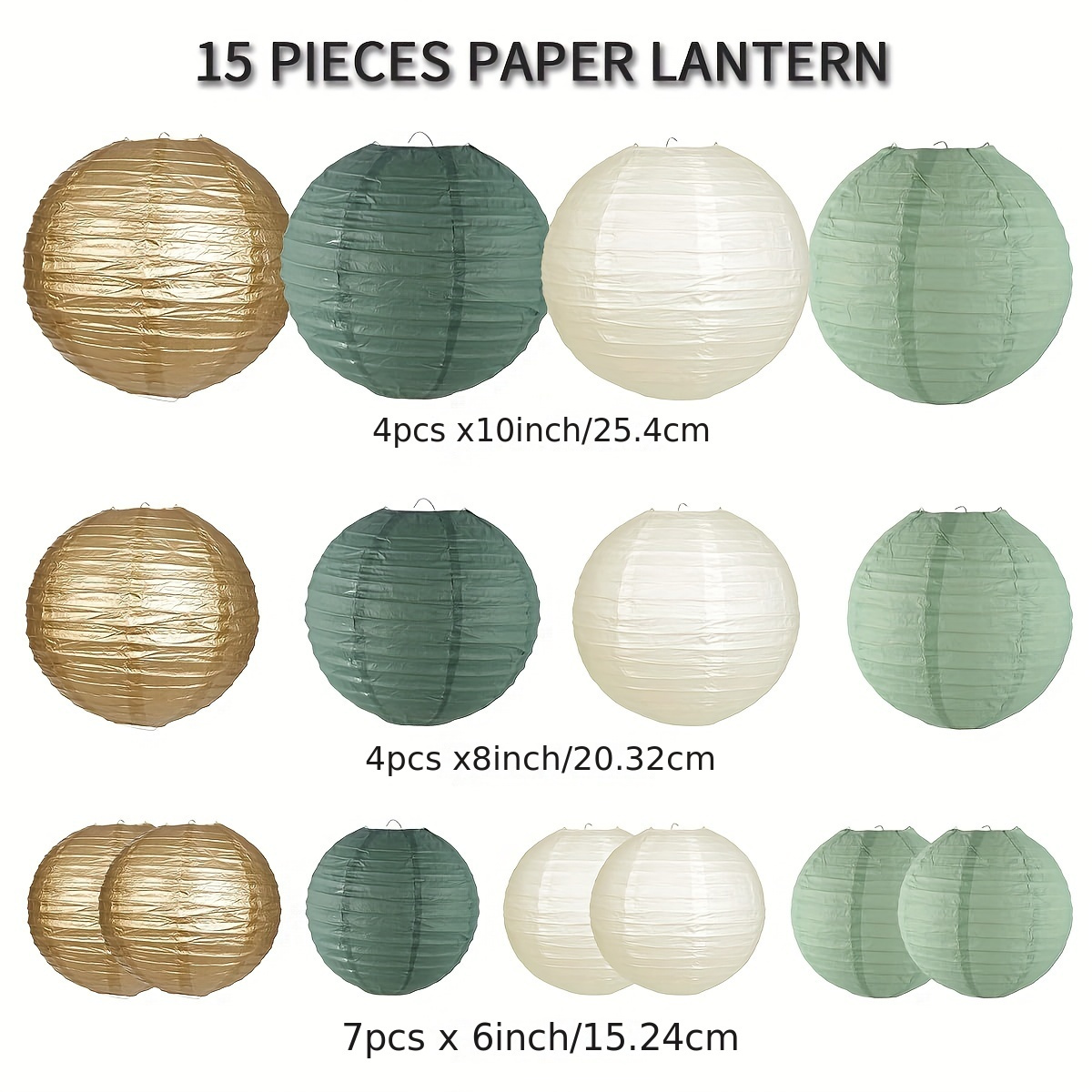 15-Piece Green Chinese Paper Lanterns Set – Assorted Sizes 4 To 12 Inches For Jungle, St. Patrick's, Safari & Rustic Wedding Decor