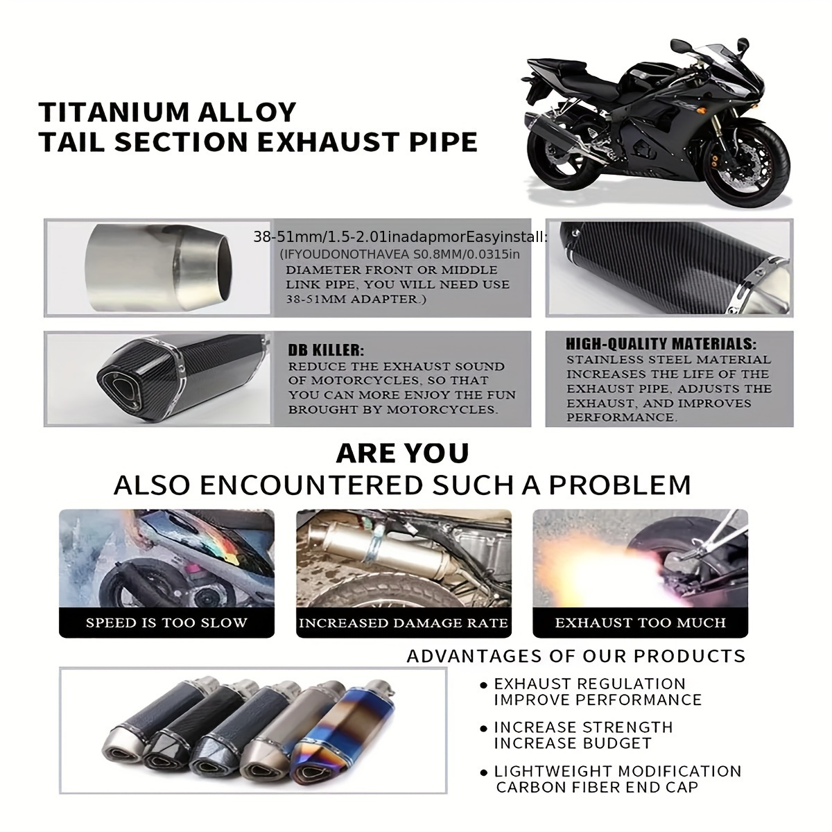 1pc stainless steel motorcycle exhaust pipe 38 51mm universal fit db killer built in compatible with street motor scooters off road motorcycles details 0
