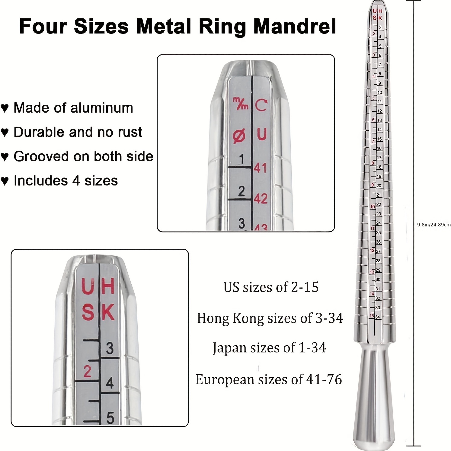 Accmor Ring Sizer Tool Including Ring Mandrel & Ring Sizer Guage, 4 Sizes  Ring Measurement Stick Metal Mandrel & Finger Sizing Measuring Tool Set for