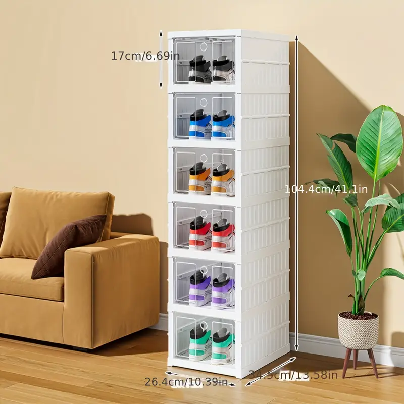 6 tiers shoe organizer storage box portable folding shoe rack for closet with clear door large sneaker cabinet bins details 3