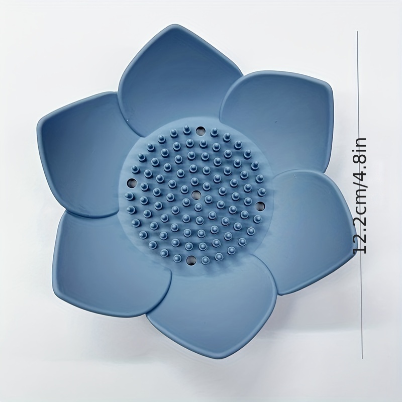 1pc Blue Lotus-shaped Silicone Soap Dish With Drainage Hole
