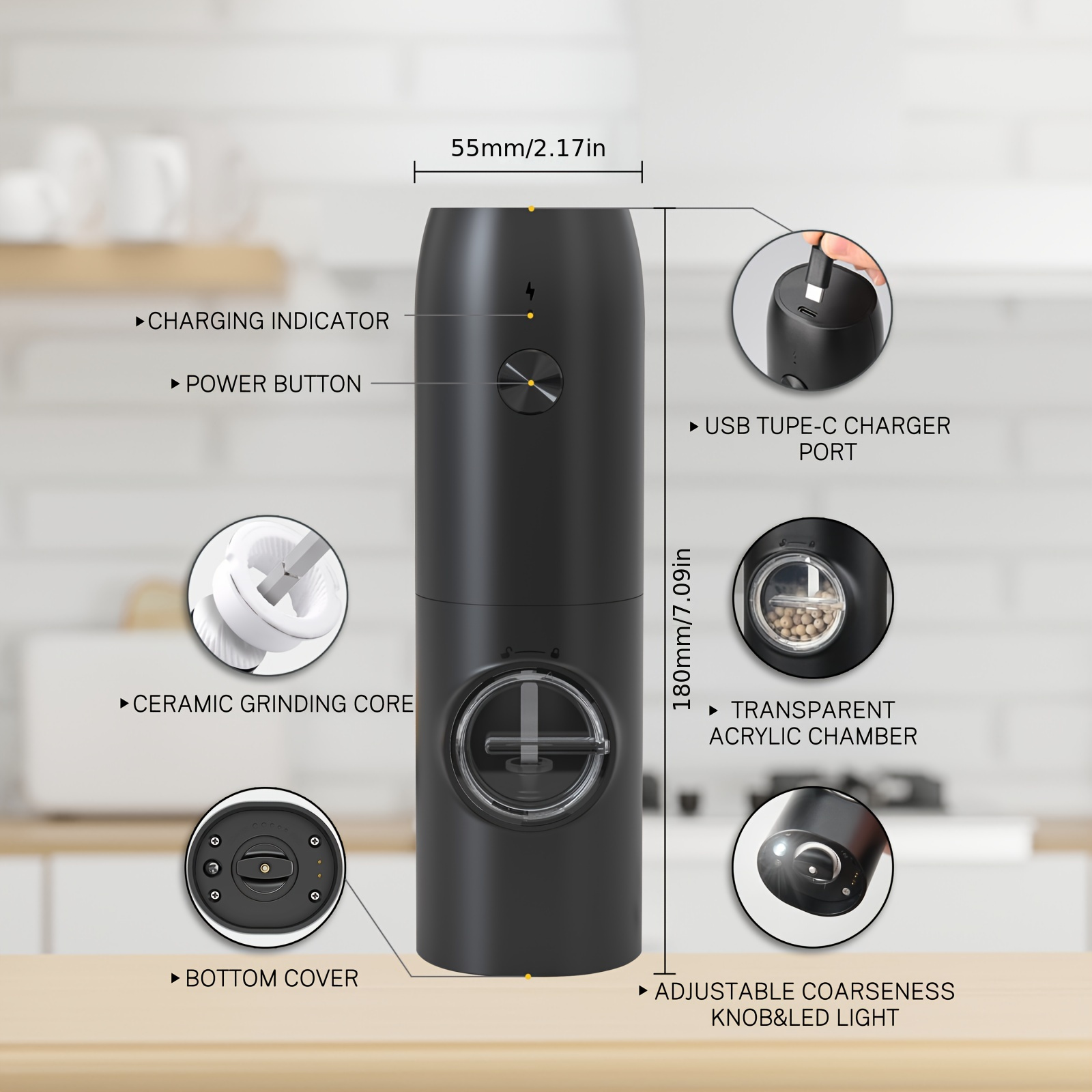 popular   rechargeable electric pepper and salt grinder set automatic pepper grinder with charging base usb cable led light adjustable coarseness one hand automatic operation black 2pcs black 1pc details 7