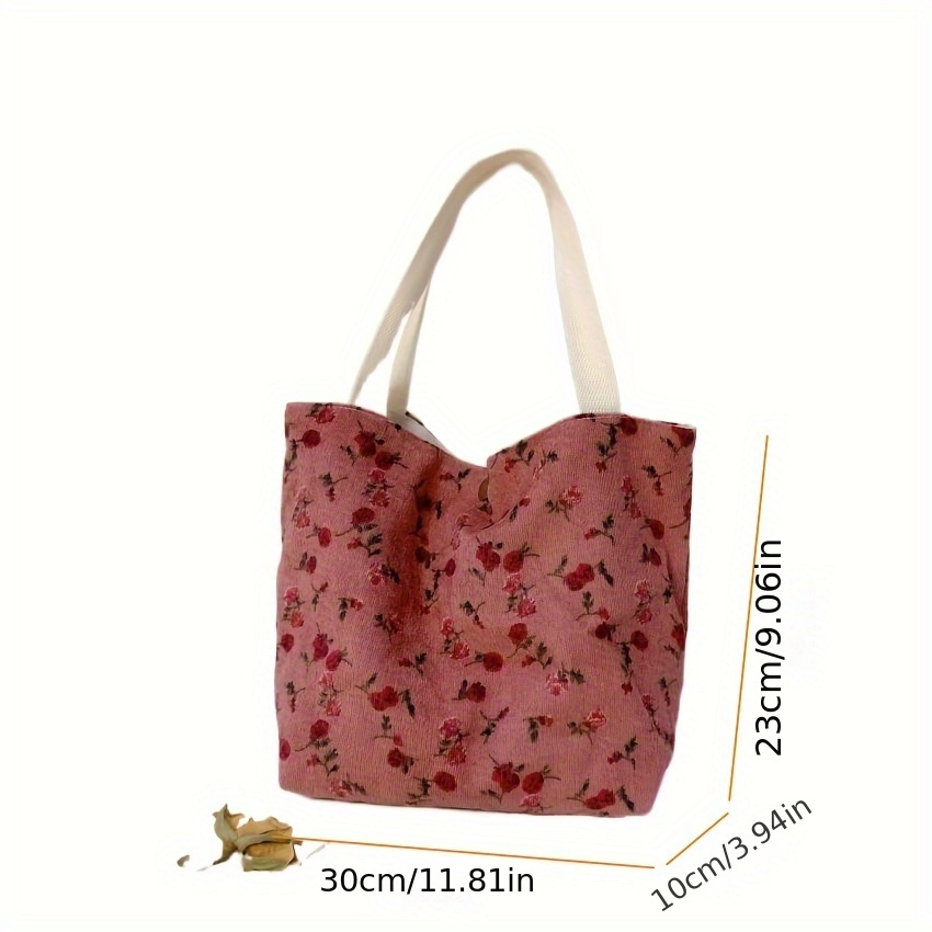 Cute Corduroy Tote Lunch Bag, Floral Print Mommy Bag, Women's