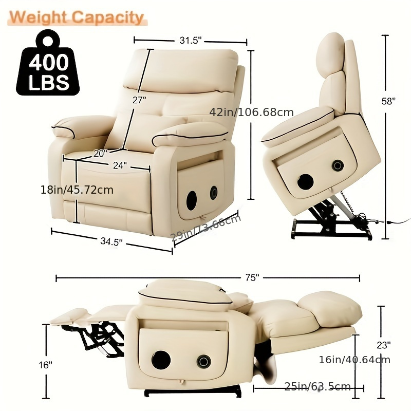 infinite position electric lift recliner with wireless charger and cup holder vibration massage and heating genuine faux leather beige brown silvery gray color   Product details 2