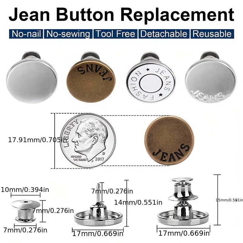 CHROME colored Metal NO-SEW BUTTONS CLIP ON Style SIX in a Package.