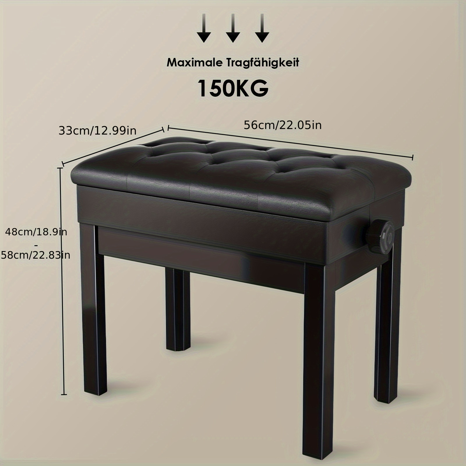 E-shop Klaviertischbank, höhenverstellbar, 48-58 cm, Klaviertischbank mit Stauraum, Klaviertischbank mit PU-Lederbezug, Beine aus Massivholz,
