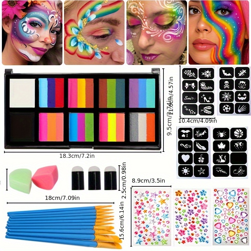 1 set 26 color water based face and body paint kit with brushes tattoo stickers diamond stickers finger cover brushes sponge brushes rainbow striped cake design role play non toxic face cream carnival halloween christmas dramatic makeup artistic   face painting