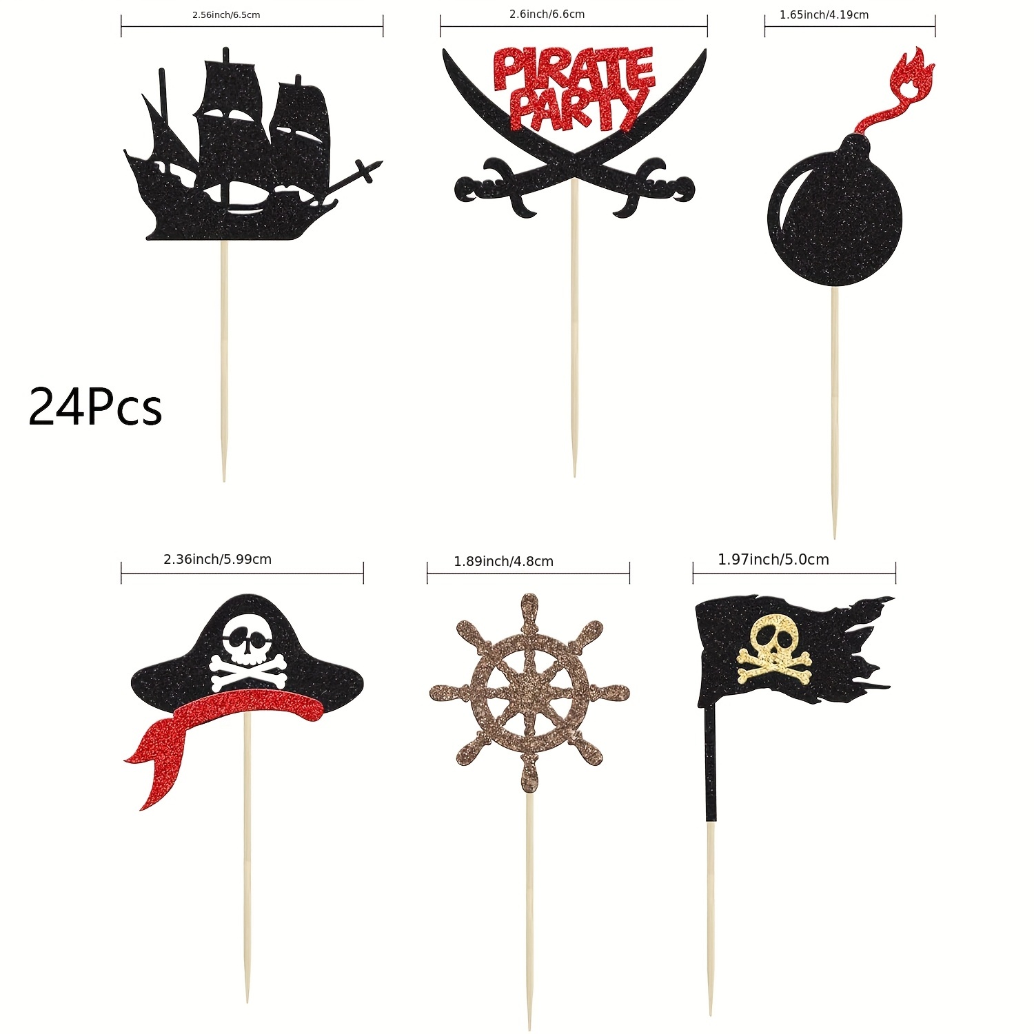 Image of 24 Pirate-themed Cake Toppers Featuring Shiny Pirate Flags, , Pirate Hats, And For A Shower Party Or Birthday Celebration