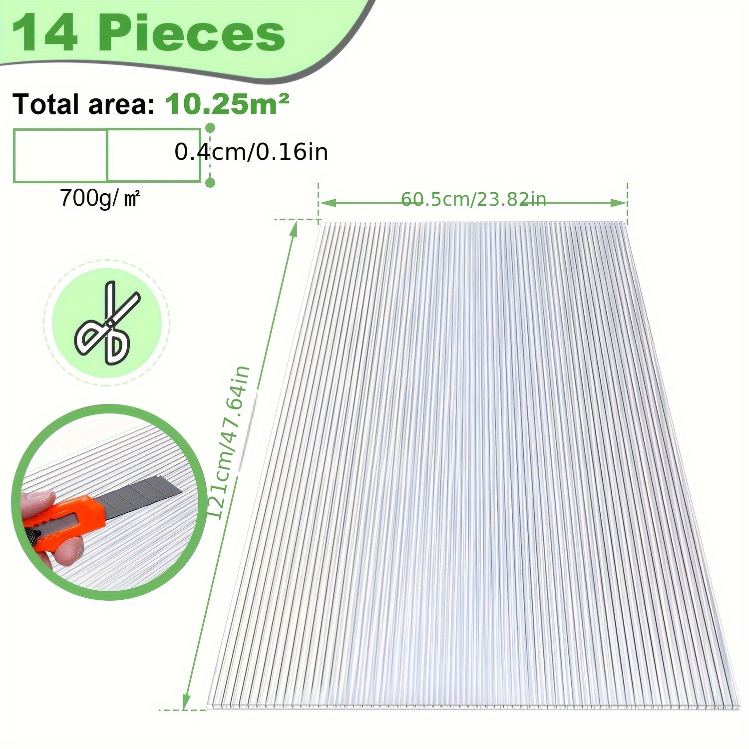 Double-walled Polycarbonate - Uv Protection, Transparent Sheets For Greenhouses, Exterior Coverings And Plant Shelf Roofs, 14 Panels, 60.5 X 121cm, 0.6kg/㎡