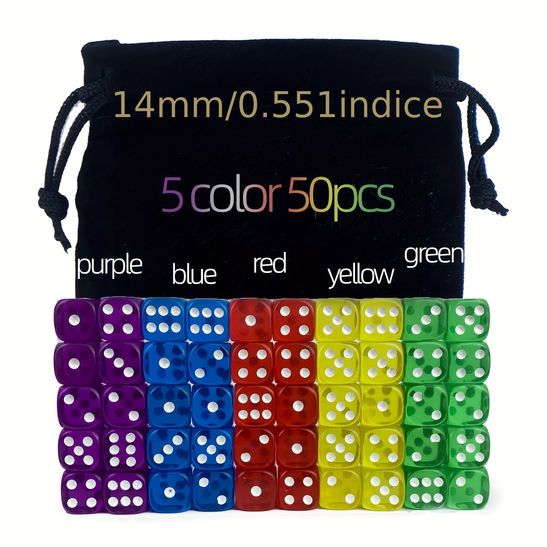 

50pcs Set With Velvet Bag, 14mm Acrylic , Candy , Red, Green, Blue, Yellow, Purple, 10pcs , Tabletop Game, Entertainment, Teaching, Gift, Dice