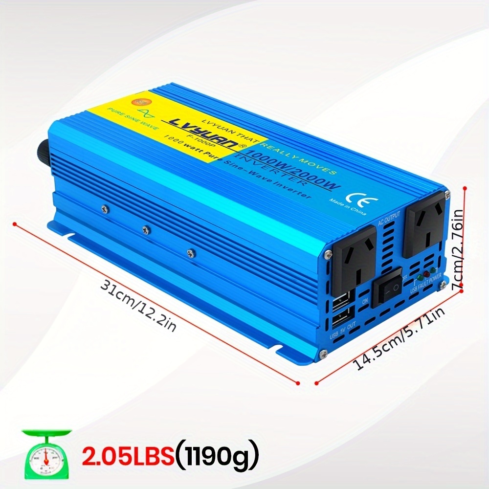TEMU Lvyuan 1000w/2000w () Pure Sine Power Inverter ( 12v To Ac 220v Power Converter) With 3.1a Usb Car Adapter For Smartphone, Laptop Car Outdoor